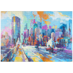 Darstellung des Puzzle Motivs Lebendige Stadt skyline in ausdrucksstarkem Kunststil - Puzzleteile: 1000