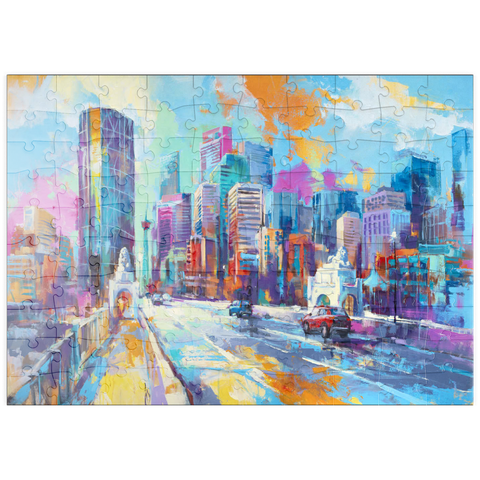 Darstellung des Puzzle Motivs Lebendige Stadt skyline in ausdrucksstarkem Kunststil puzzleplate Vibrant Urban Skyline in Expressive Art Style 100 Puzzle
