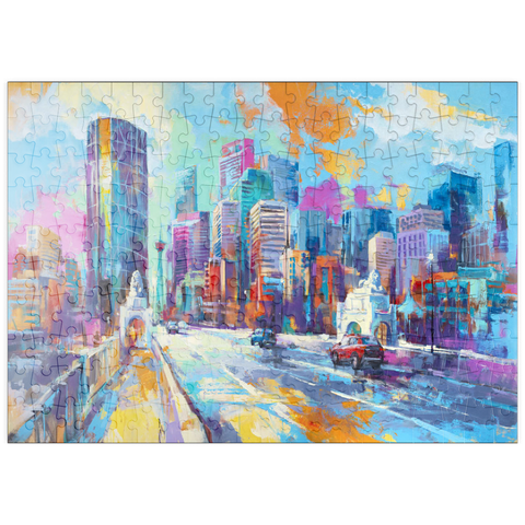 Darstellung des Puzzle Motivs Lebendige Stadt skyline in ausdrucksstarkem Kunststil puzzleplate Vibrant Urban Skyline in Expressive Art Style 200 Puzzle