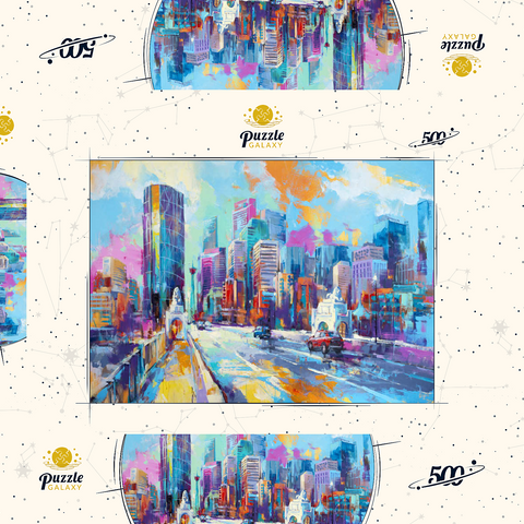 Darstellung des Puzzle Motivs Lebendige Stadt skyline in ausdrucksstarkem Kunststil Vibrant Urban Skyline in Expressive Art Style 500 Puzzle Schachtel 3D Modell