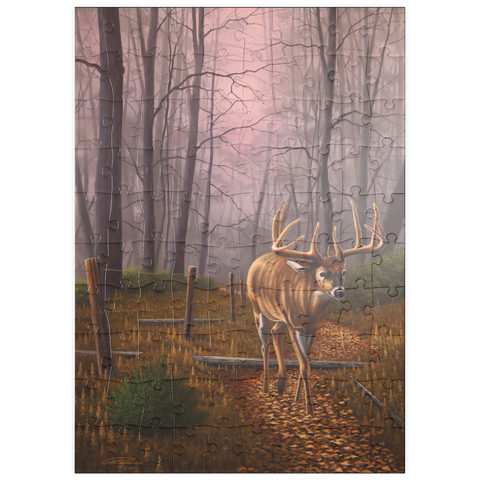 Darstellung des Puzzle Motivs Weißwedelhirsch im Herbstnebel puzzleplate White-Tailed Deer in Autumn Forest Mist 100 Puzzle