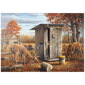 Darstellung des Puzzle-Motivs Herbstliche Überraschung mit Rehen in der Jagdhütte – Puzzleteile: 1000