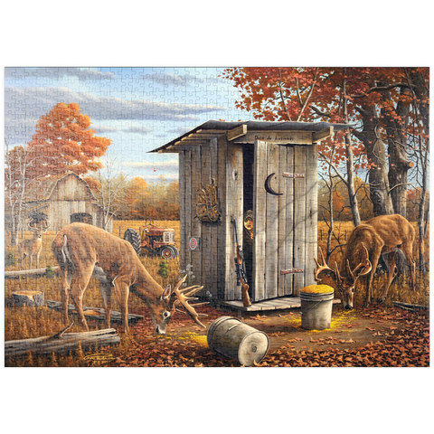 Darstellung des Puzzle Motivs Herbstliche Überraschung mit Rehen in der Jagdhütte puzzleplate Autumn Deer Surprise at Hunting Cabin 1000 Puzzle