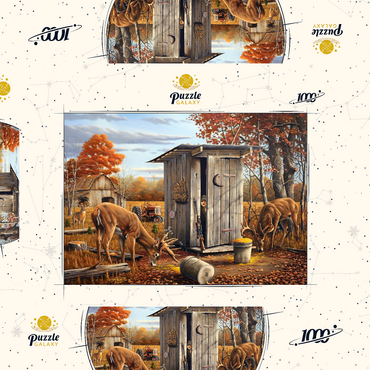 Darstellung des Puzzle Motivs Autumn Deer Surprise at Hunting Cabin 1000 Puzzle Schachtel 3D Modell