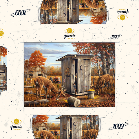 Darstellung des Puzzle Motivs Herbstliche Überraschung mit Rehen in der Jagdhütte Autumn Deer Surprise at Hunting Cabin 1000 Puzzle Schachtel 3D Modell