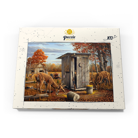 Darstellung des Puzzle Motivs Herbstliche Überraschung mit Rehen in der Jagdhütte Autumn Deer Surprise at Hunting Cabin 100 Puzzle Schachtel Ansicht3