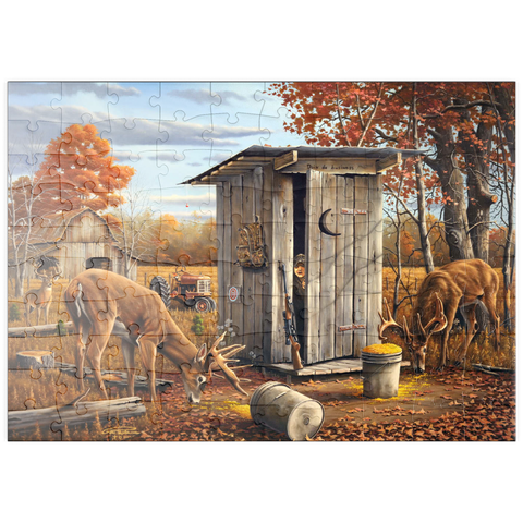 Darstellung des Puzzle Motivs Herbstliche Überraschung mit Rehen in der Jagdhütte puzzleplate Autumn Deer Surprise at Hunting Cabin 100 Puzzle