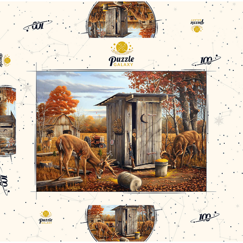 Darstellung des Puzzle Motivs Herbstliche Überraschung mit Rehen in der Jagdhütte Autumn Deer Surprise at Hunting Cabin 100 Puzzle Schachtel 3D Modell