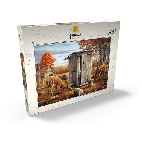 Darstellung des Puzzle Motivs Herbstliche Überraschung mit Rehen in der Jagdhütte Autumn Deer Surprise at Hunting Cabin 200 Puzzle Schachtel Ansicht2
