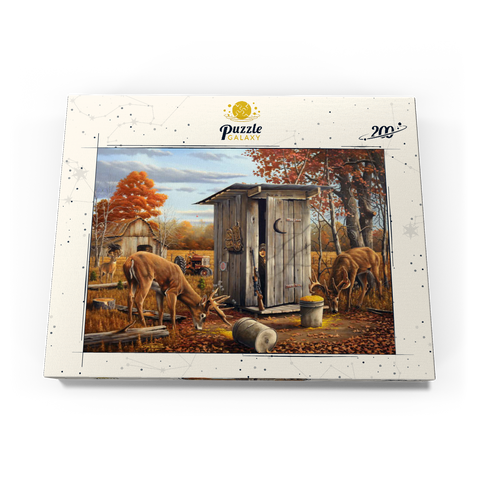 Darstellung des Puzzle Motivs Herbstliche Überraschung mit Rehen in der Jagdhütte Autumn Deer Surprise at Hunting Cabin 200 Puzzle Schachtel Ansicht3