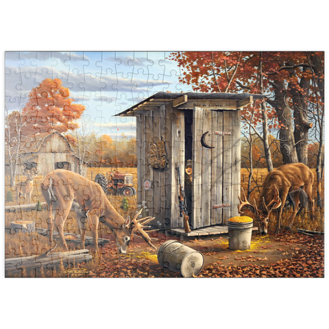Darstellung des Puzzle Motivs Herbstliche Überraschung mit Rehen in der Jagdhütte puzzleplate Autumn Deer Surprise at Hunting Cabin 200 Puzzle