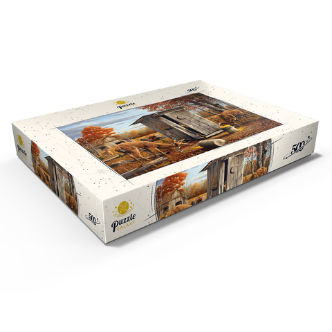 Darstellung des Puzzle Motivs Herbstliche Überraschung mit Rehen in der Jagdhütte Autumn Deer Surprise at Hunting Cabin 500 Puzzle Schachtel Ansicht1