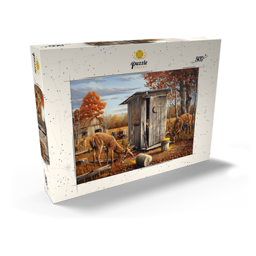 Darstellung des Puzzle Motivs Autumn Deer Surprise at Hunting Cabin 500 Puzzle Schachtel Ansicht2