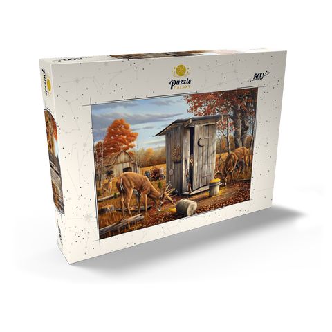 Darstellung des Puzzle Motivs Herbstliche Überraschung mit Rehen in der Jagdhütte Autumn Deer Surprise at Hunting Cabin 500 Puzzle Schachtel Ansicht2