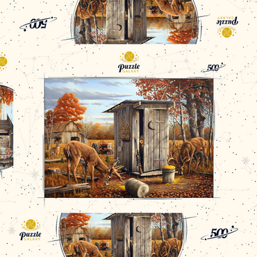 Darstellung des Puzzle Motivs Autumn Deer Surprise at Hunting Cabin 500 Puzzle Schachtel 3D Modell