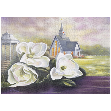 Darstellung des Puzzle Motivs puzzleplate Southern Magnolia Blooms and Country Chapel 1000 Puzzle