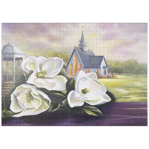 Darstellung des Puzzle Motivs Südliche Magnolienblüten und Landkapelle puzzleplate Southern Magnolia Blooms and Country Chapel 1000 Puzzle