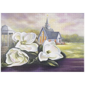 Darstellung des Puzzle Motivs Südliche Magnolienblüten und Landkapelle - Puzzleteile: 1000