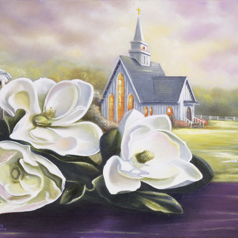 Darstellung des Puzzle Motivs Südliche Magnolienblüten und Landkapelle Southern Magnolia Blooms and Country Chapel 1000 Puzzle 3D Modell