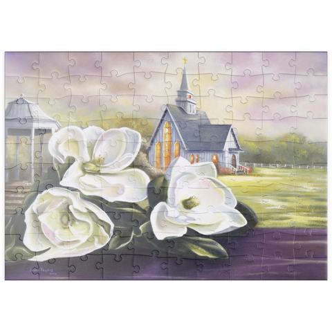 Darstellung des Puzzle Motivs Südliche Magnolienblüten und Landkapelle puzzleplate Southern Magnolia Blooms and Country Chapel 100 Puzzle