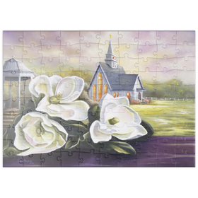 Darstellung des Puzzle Motivs Südliche Magnolienblüten und Landkapelle - Puzzleteile: 100