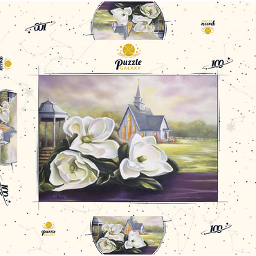 Darstellung des Puzzle Motivs Southern Magnolia Blooms and Country Chapel 100 Puzzle Schachtel 3D Modell