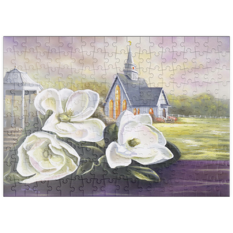 Darstellung des Puzzle Motivs Südliche Magnolienblüten und Landkapelle puzzleplate Southern Magnolia Blooms and Country Chapel 200 Puzzle
