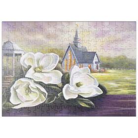 Darstellung des Puzzle Motivs Südliche Magnolienblüten und Landkapelle - Puzzleteile: 200