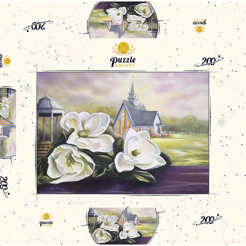 Darstellung des Puzzle Motivs Südliche Magnolienblüten und Landkapelle Southern Magnolia Blooms and Country Chapel 200 Puzzle Schachtel 3D Modell