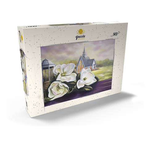 Darstellung des Puzzle Motivs Südliche Magnolienblüten und Landkapelle Southern Magnolia Blooms and Country Chapel 500 Puzzle Schachtel Ansicht2