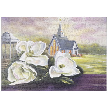 Darstellung des Puzzle Motivs puzzleplate Southern Magnolia Blooms and Country Chapel 500 Puzzle