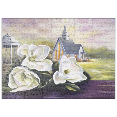 Darstellung des Puzzle Motivs Südliche Magnolienblüten und Landkapelle puzzleplate Southern Magnolia Blooms and Country Chapel 500 Puzzle