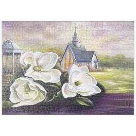 Darstellung des Puzzle Motivs Südliche Magnolienblüten und Landkapelle - Puzzleteile: 500