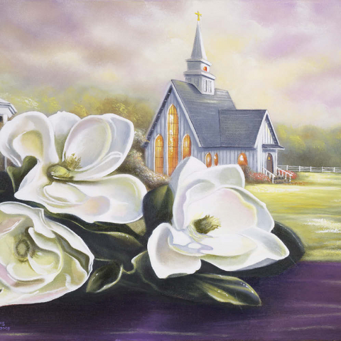 Darstellung des Puzzle Motivs Südliche Magnolienblüten und Landkapelle Southern Magnolia Blooms and Country Chapel 500 Puzzle 3D Modell