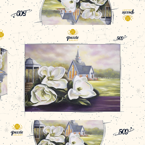 Darstellung des Puzzle Motivs Südliche Magnolienblüten und Landkapelle Southern Magnolia Blooms and Country Chapel 500 Puzzle Schachtel 3D Modell