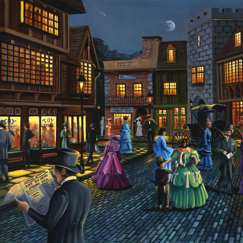 Darstellung des Puzzle Motivs Viktorianische Straßenszene bei Mondschein Victorian Street Scene at Moonlit Night 1000 Puzzle 3D Modell