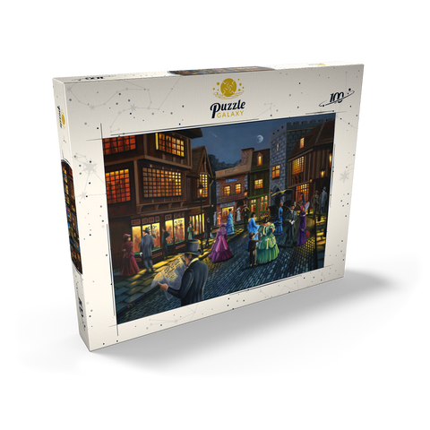 Darstellung des Puzzle Motivs Viktorianische Straßenszene bei Mondschein Victorian Street Scene at Moonlit Night 100 Puzzle Schachtel Ansicht2