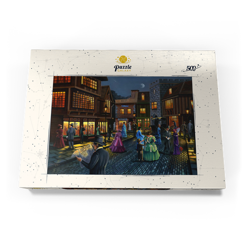 Darstellung des Puzzle Motivs Viktorianische Straßenszene bei Mondschein Victorian Street Scene at Moonlit Night 500 Puzzle Schachtel Ansicht3