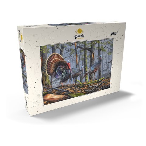 Darstellung des Puzzle Motivs Wilde Truthähne im nebligen Wald Wild Eastern Turkeys in Foggy Woodland 1000 Puzzle Schachtel Ansicht2