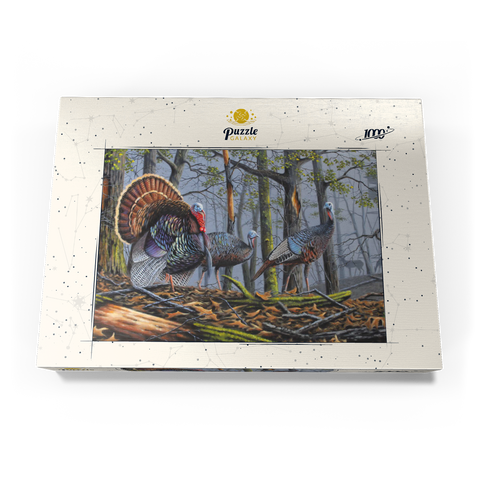 Darstellung des Puzzle Motivs Wilde Truthähne im nebligen Wald Wild Eastern Turkeys in Foggy Woodland 1000 Puzzle Schachtel Ansicht3