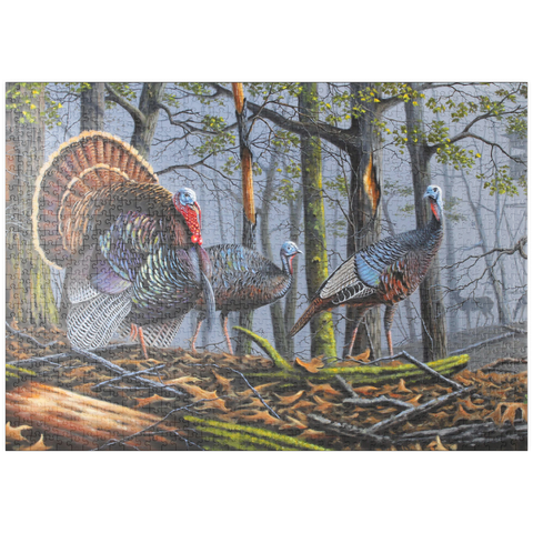 Darstellung des Puzzle Motivs Wilde Truthähne im nebligen Wald puzzleplate Wild Eastern Turkeys in Foggy Woodland 1000 Puzzle