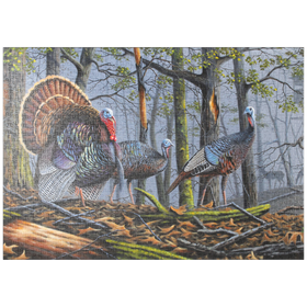 Darstellung des Puzzle Motivs Wilde Truthähne im nebligen Wald - Puzzleteile: 1000