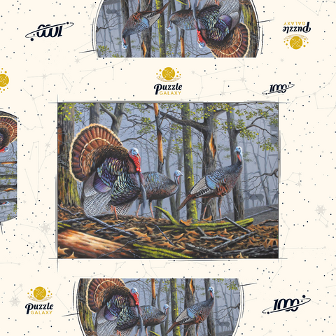 Darstellung des Puzzle Motivs Wilde Truthähne im nebligen Wald Wild Eastern Turkeys in Foggy Woodland 1000 Puzzle Schachtel 3D Modell