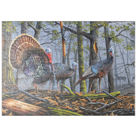 Darstellung des Puzzle Motivs Wilde Truthähne im nebligen Wald puzzleplate Wild Eastern Turkeys in Foggy Woodland 100 Puzzle