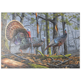 Darstellung des Puzzle Motivs Wilde Truthähne im nebligen Wald - Puzzleteile: 100