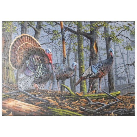 Darstellung des Puzzle Motivs Wilde Truthähne im nebligen Wald puzzleplate Wild Eastern Turkeys in Foggy Woodland 200 Puzzle
