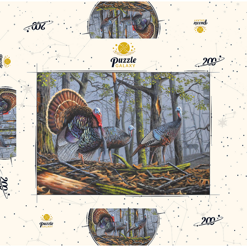 Darstellung des Puzzle Motivs Wilde Truthähne im nebligen Wald Wild Eastern Turkeys in Foggy Woodland 200 Puzzle Schachtel 3D Modell