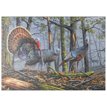 Darstellung des Puzzle Motivs puzzleplate Wild Eastern Turkeys in Foggy Woodland 500 Puzzle