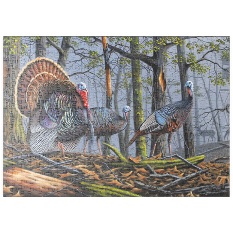 Darstellung des Puzzle Motivs Wilde Truthähne im nebligen Wald puzzleplate Wild Eastern Turkeys in Foggy Woodland 500 Puzzle