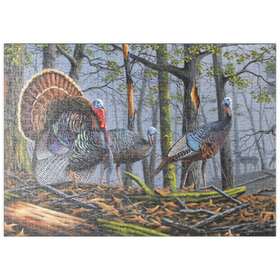 Darstellung des Puzzle Motivs Wilde Truthähne im nebligen Wald - Puzzleteile: 500